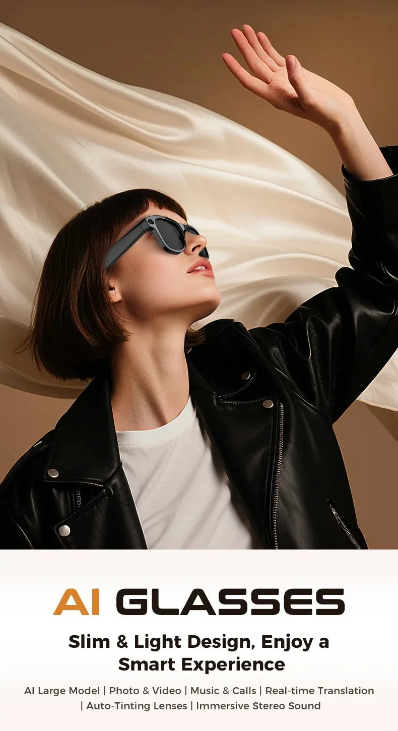 A person wears sleek, black smart recording glasses with photochromic lenses against a minimalist beige background.