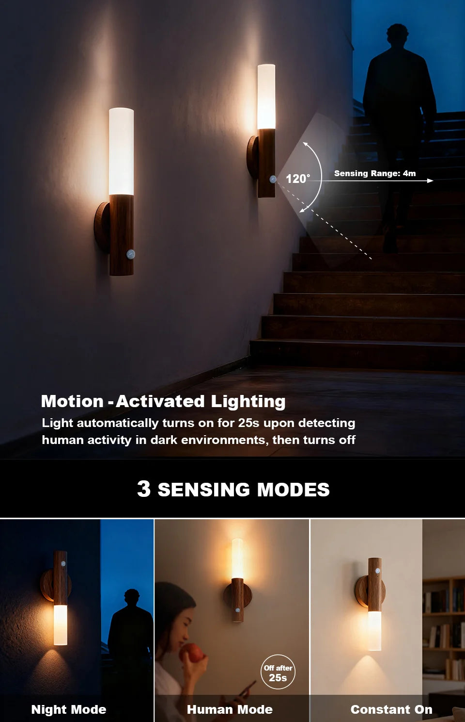 Modern wood-finish magnetic LED wall light with motion sensor, featuring three lighting modes for home use.