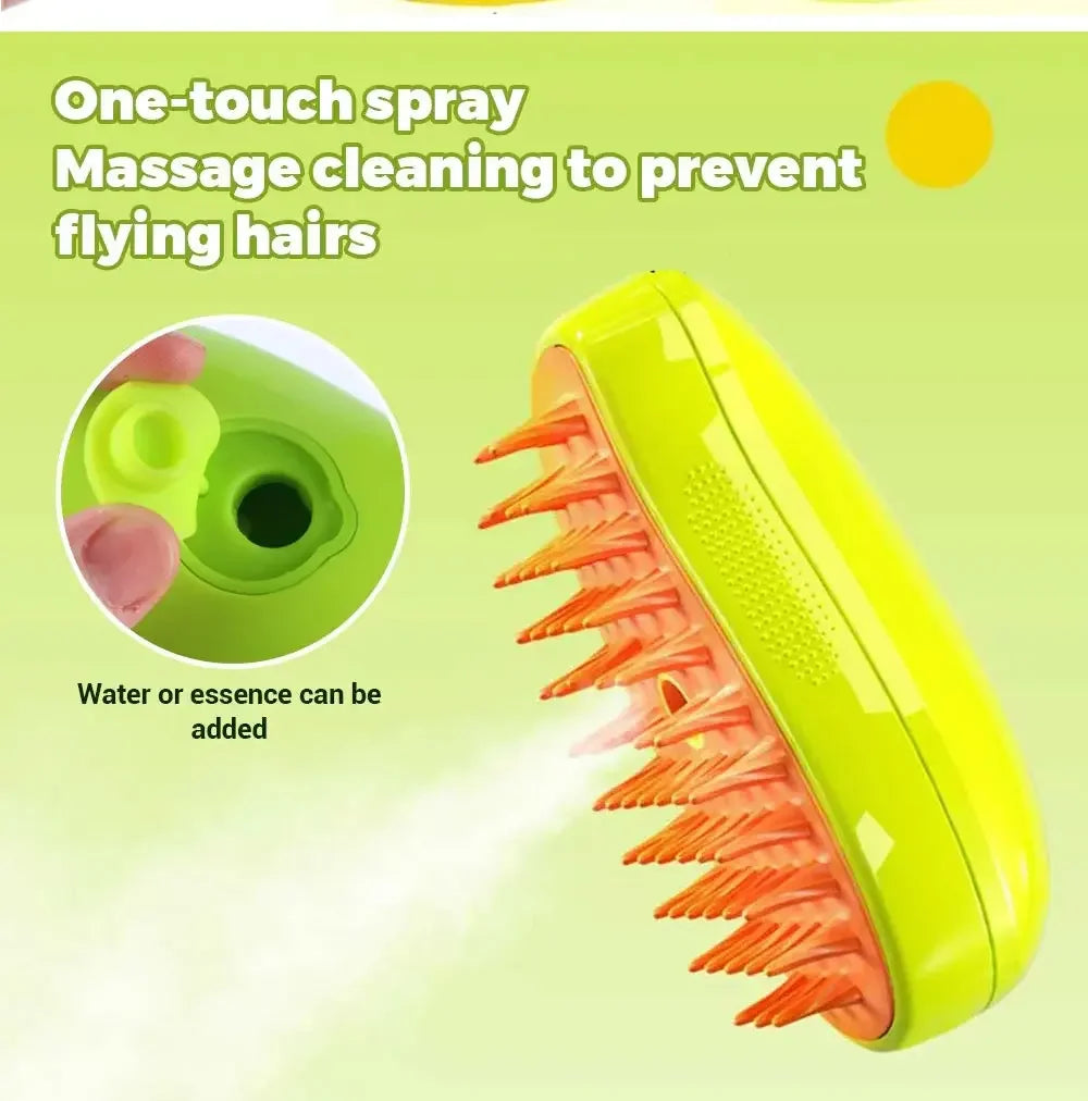 Lime green 3-in-1 pet grooming brush with orange bristles and a refillable water tank for steam massage.