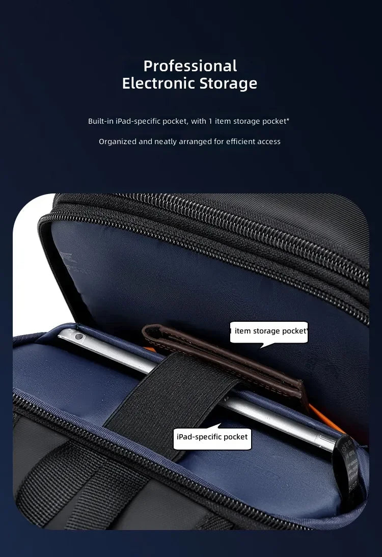 Open interior of a black waterproof sling bag, showing a blue tablet compartment and a small storage pocket.