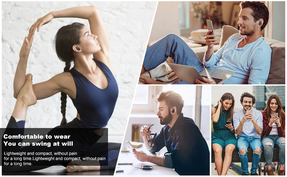 People wearing black, compact, ergonomic wireless ear hooks while exercising, working, and relaxing.
