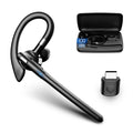 Black wireless ear-hook headset with microphone, charging case with digital battery display, and a USB dongle.