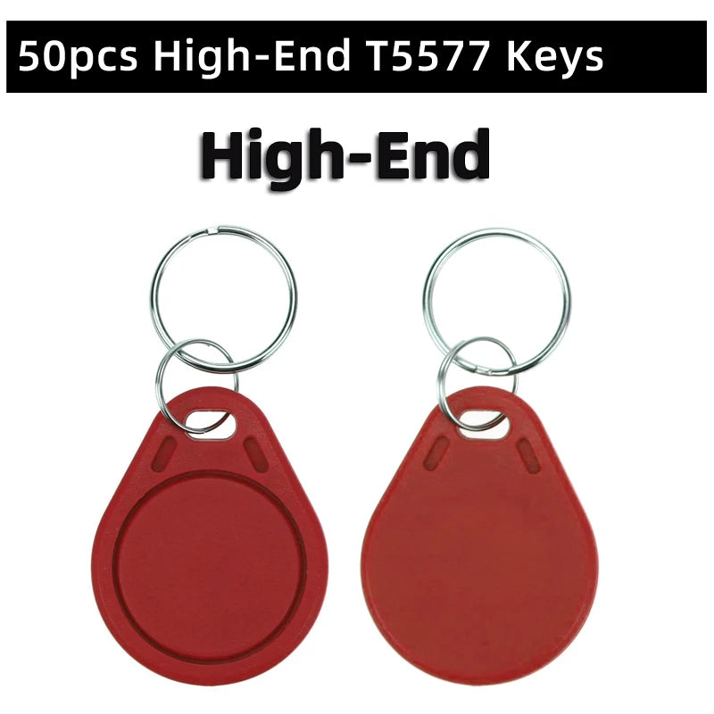 Two red plastic RFID T5577 key fob tags with silver metal key rings, shown from both front and back sides.