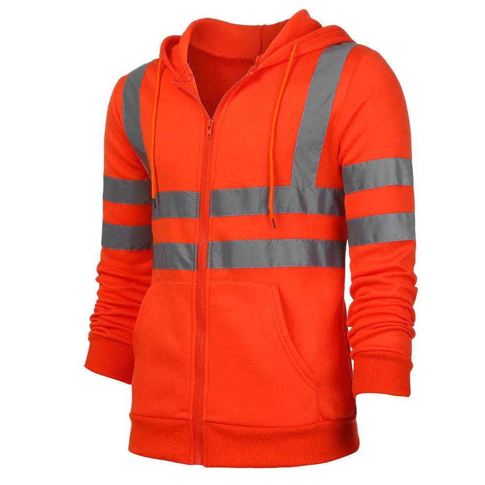 Bright orange, thermal zip-up hoodie featuring grey reflective safety stripes, a hood with drawstrings and front pockets.