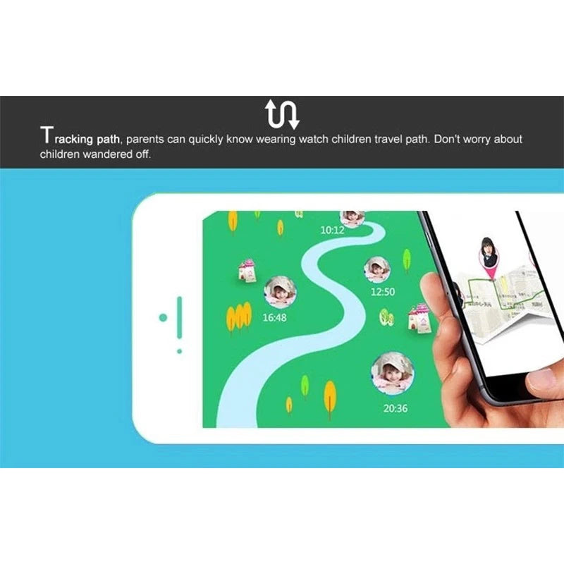 Smartphone screen showing a children’s GPS tracking app with a map route and time-stamped location photos.