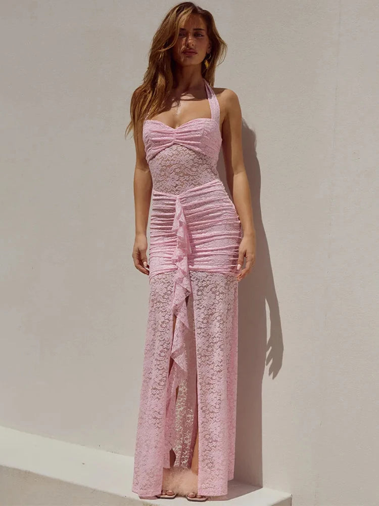Pink lace halter maxi dress with ruched bodycon fit, front drape, and sleeveless design.