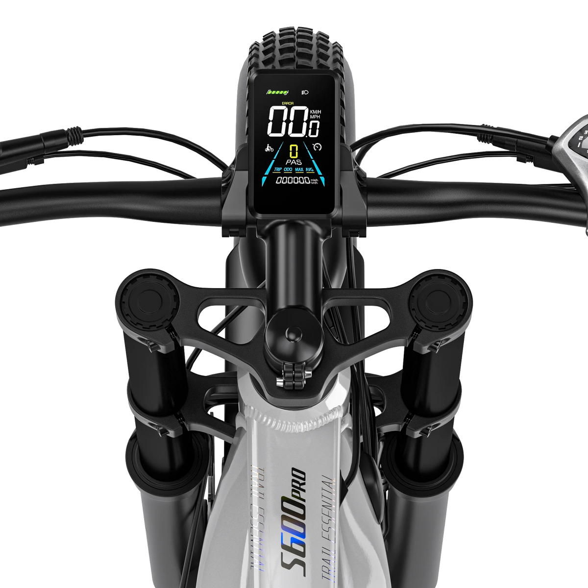 Shengmilo S600 Pro electric bike handlebars showing centered digital display, fat front tire, and dual suspension.