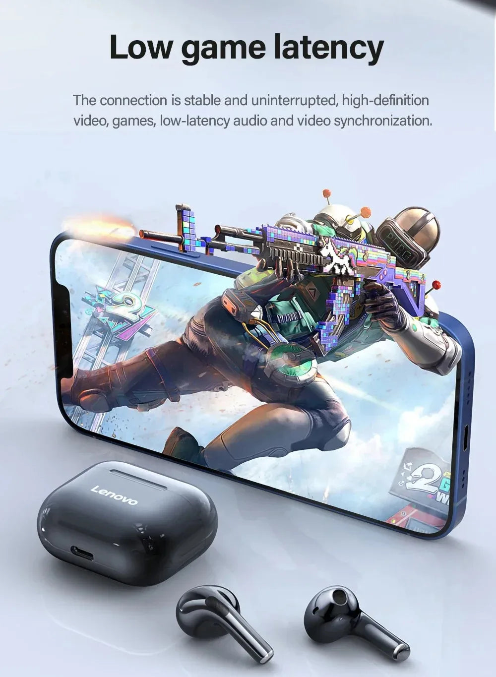 Glossy black wireless earbuds and their charging case displayed next to a smartphone showing a high-action game.