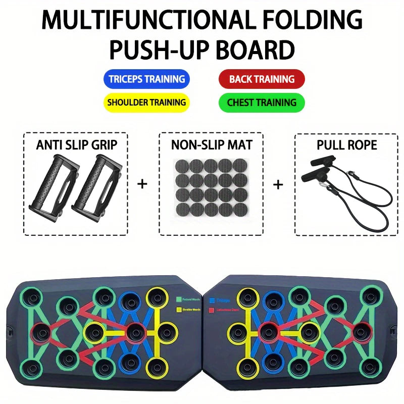Foldable black push-up board with colour-coded workout zones, anti-slip grips, non-slip mats, and resistance bands.