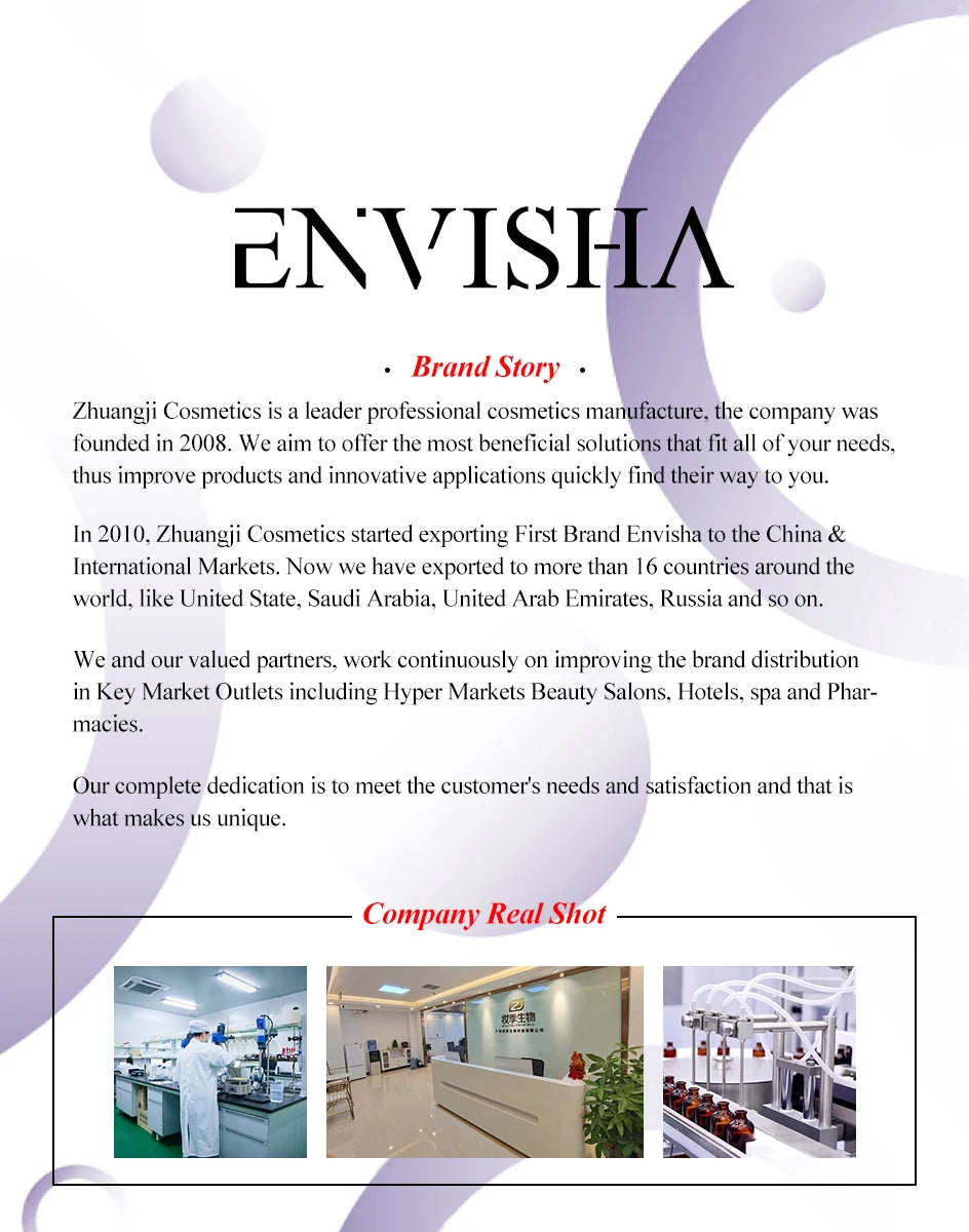 Informational graphic showcasing the brand story and real-life photos of a cosmetics manufacturing facility.