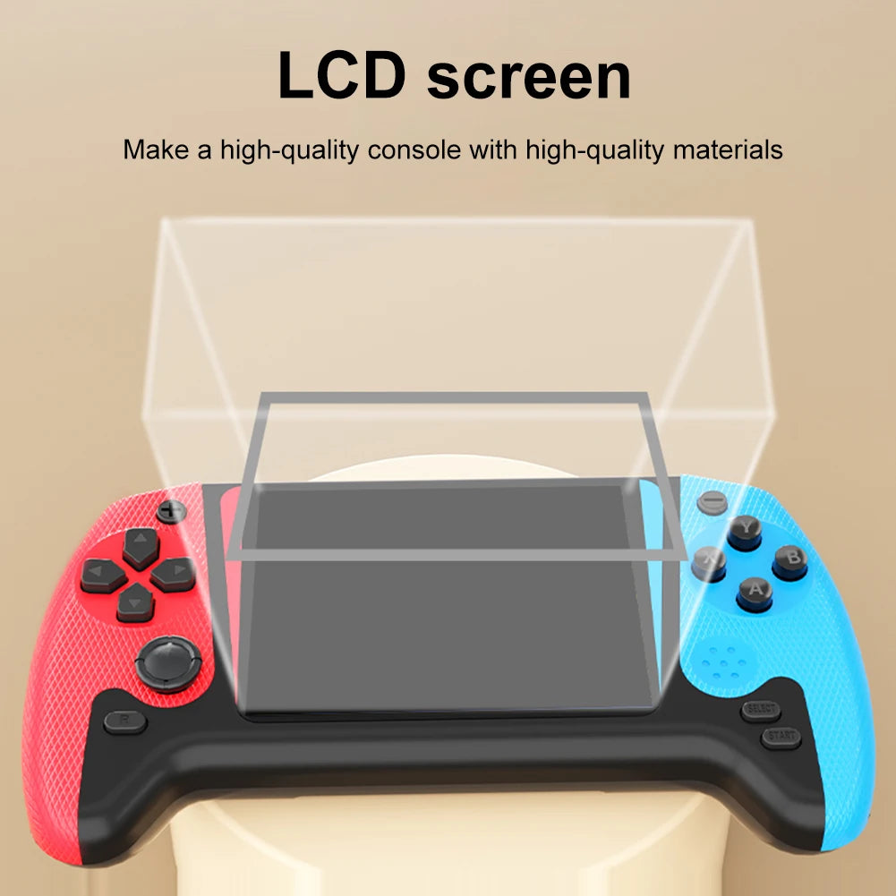 Retro handheld game console with a central LCD screen, black grip, red left handle, and blue right handle.