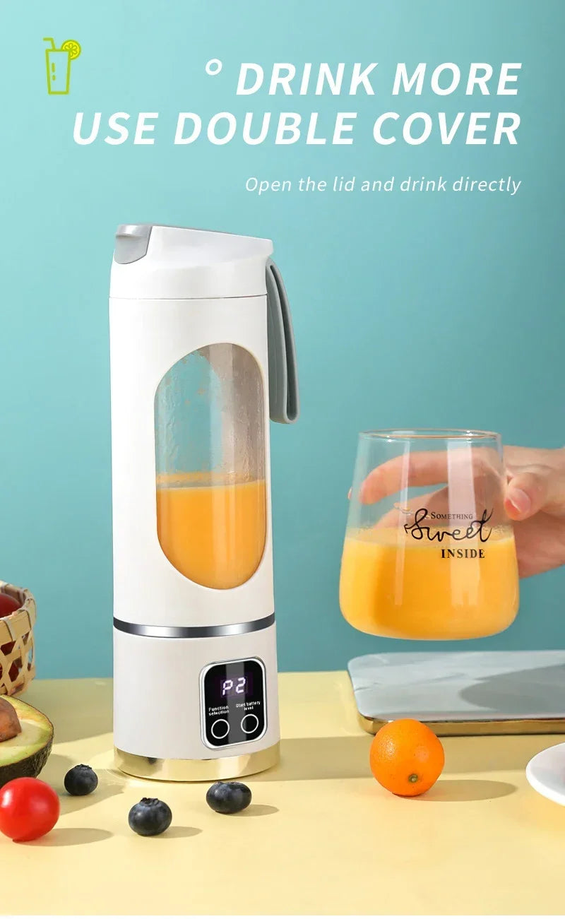 Portable white electric blender with digital display and glass container on a table with fruit.