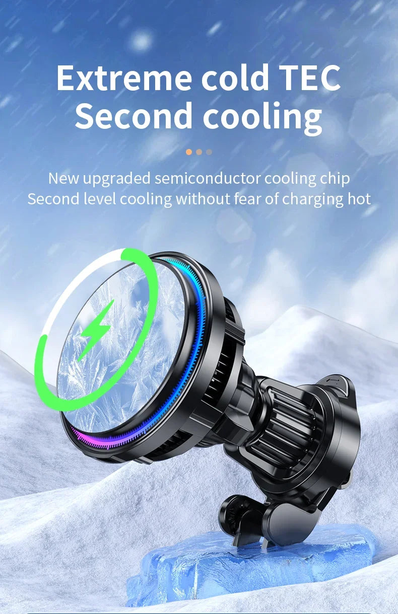 Black semiconductor phone cooling fan with an icy design, RGB lighting, and a clip-on attachment.
