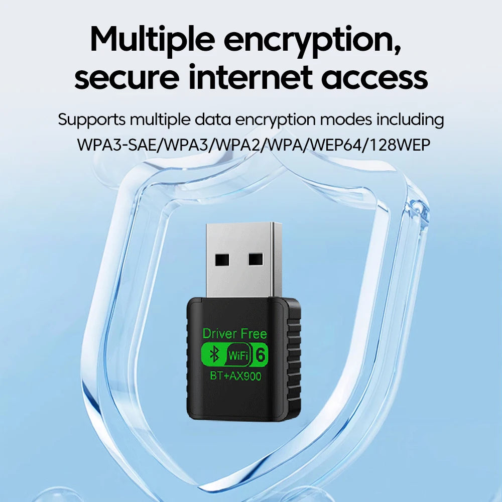 Black WiFi 6 and Bluetooth USB adapter inside a protective glass shield graphic, highlighting secure encryption.