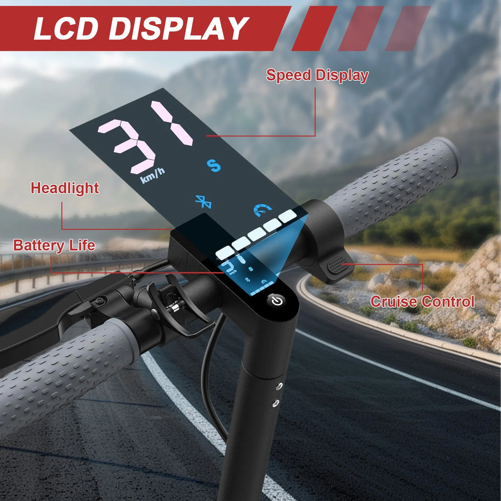 Black electric scooter handlebars featuring a bright LCD speed display, gray textured grips, and labels for controls.