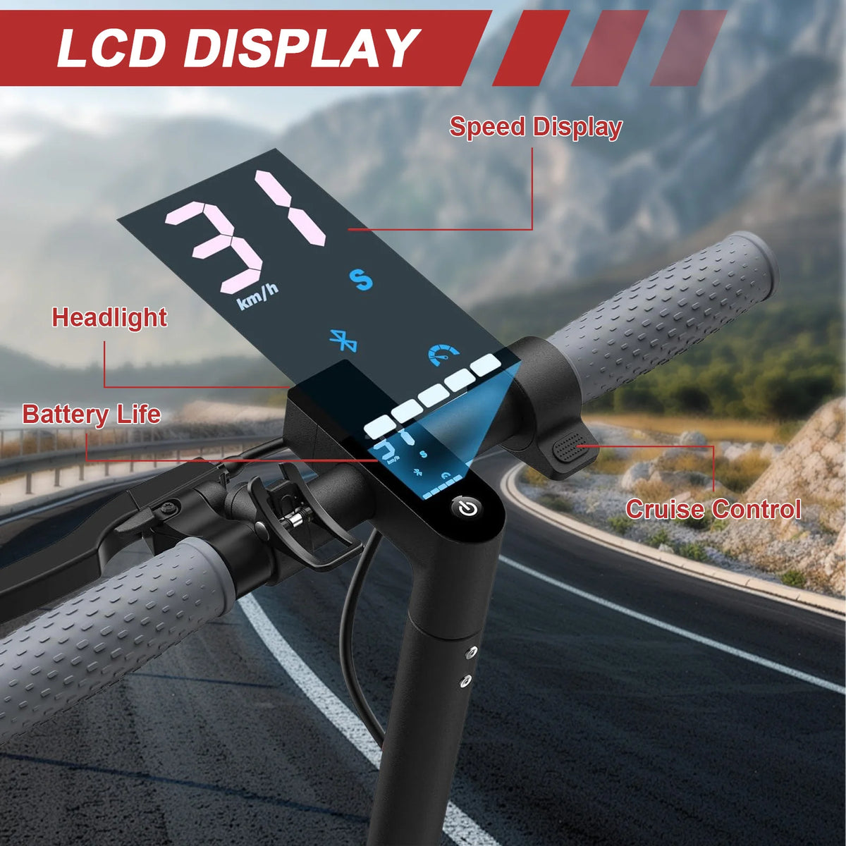 Black electric scooter handlebars featuring a bright LCD speed display, gray textured grips, and labels for controls.