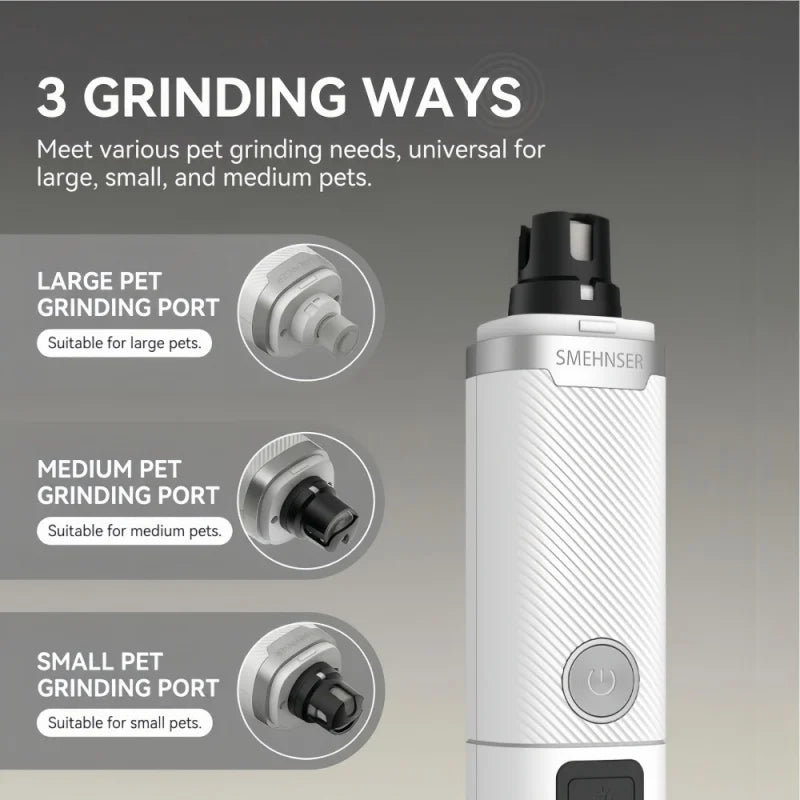 White electric pet nail grinder featuring three interchangeable ports for small, medium, and large pets.