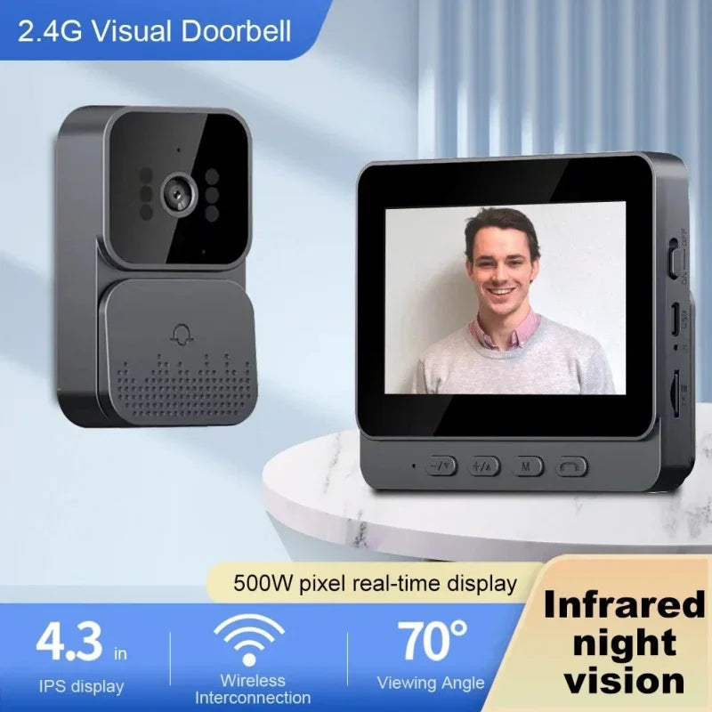 Dark grey wireless video doorbell with 4.3-inch screen, camera unit, and clear digital display of a smiling person.