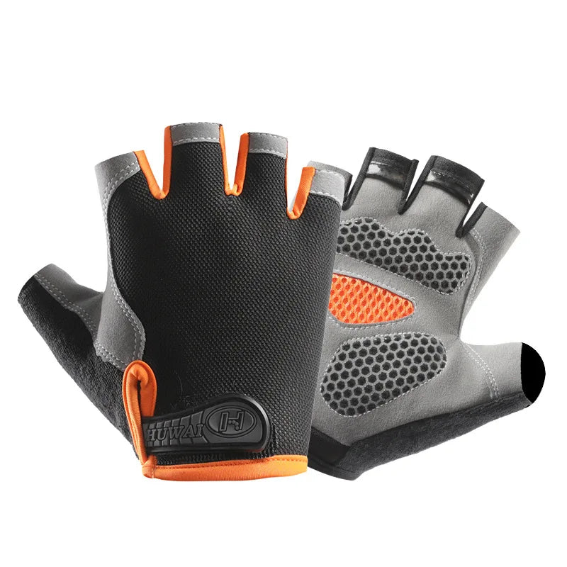 Black, grey, and orange fingerless cycling gloves with a textured palm grip and HUWAI branding on the wrist.