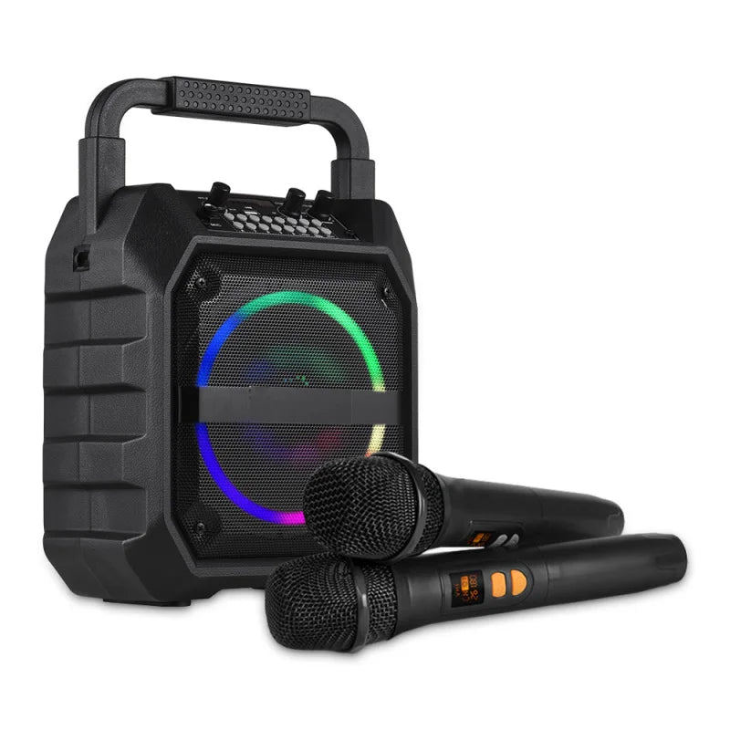 Portable black wireless speaker with integrated LED light ring, top carry handle, and two matching wireless microphones.