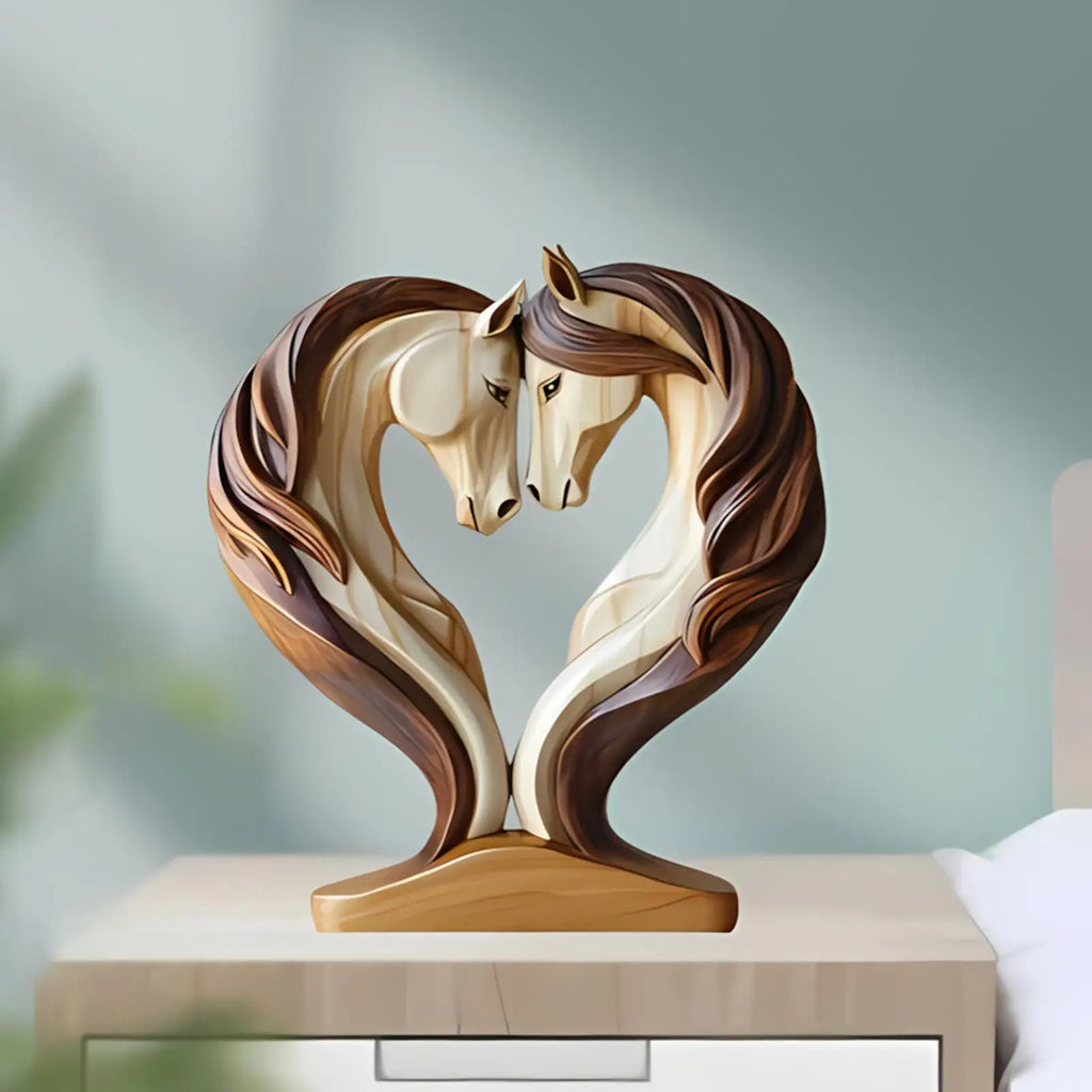 A decorative wooden-style statue of two horses with heads touching to form a heart shape, in cream and brown tones.