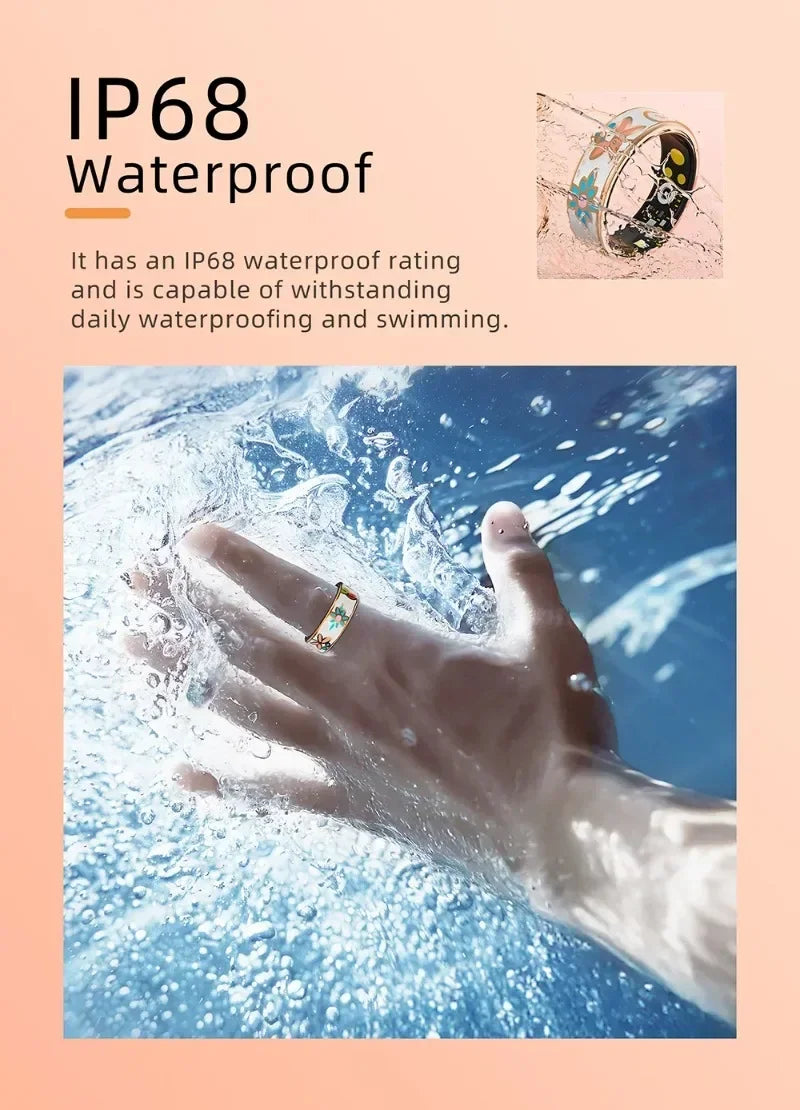 A floral-patterned smart ring worn on a hand underwater, highlighting its IP68 waterproof design.