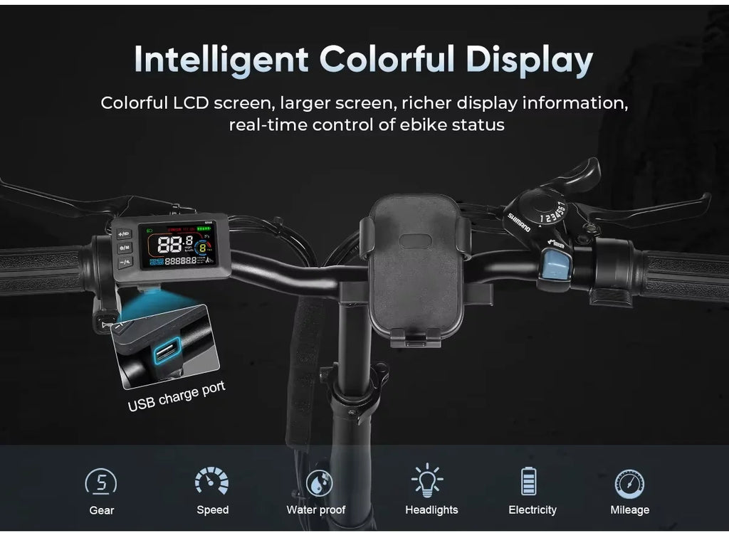 SAMEBIKE CY20 electric bike handlebars featuring a colorful LCD display, phone mount, and 7-speed gear shifter.
