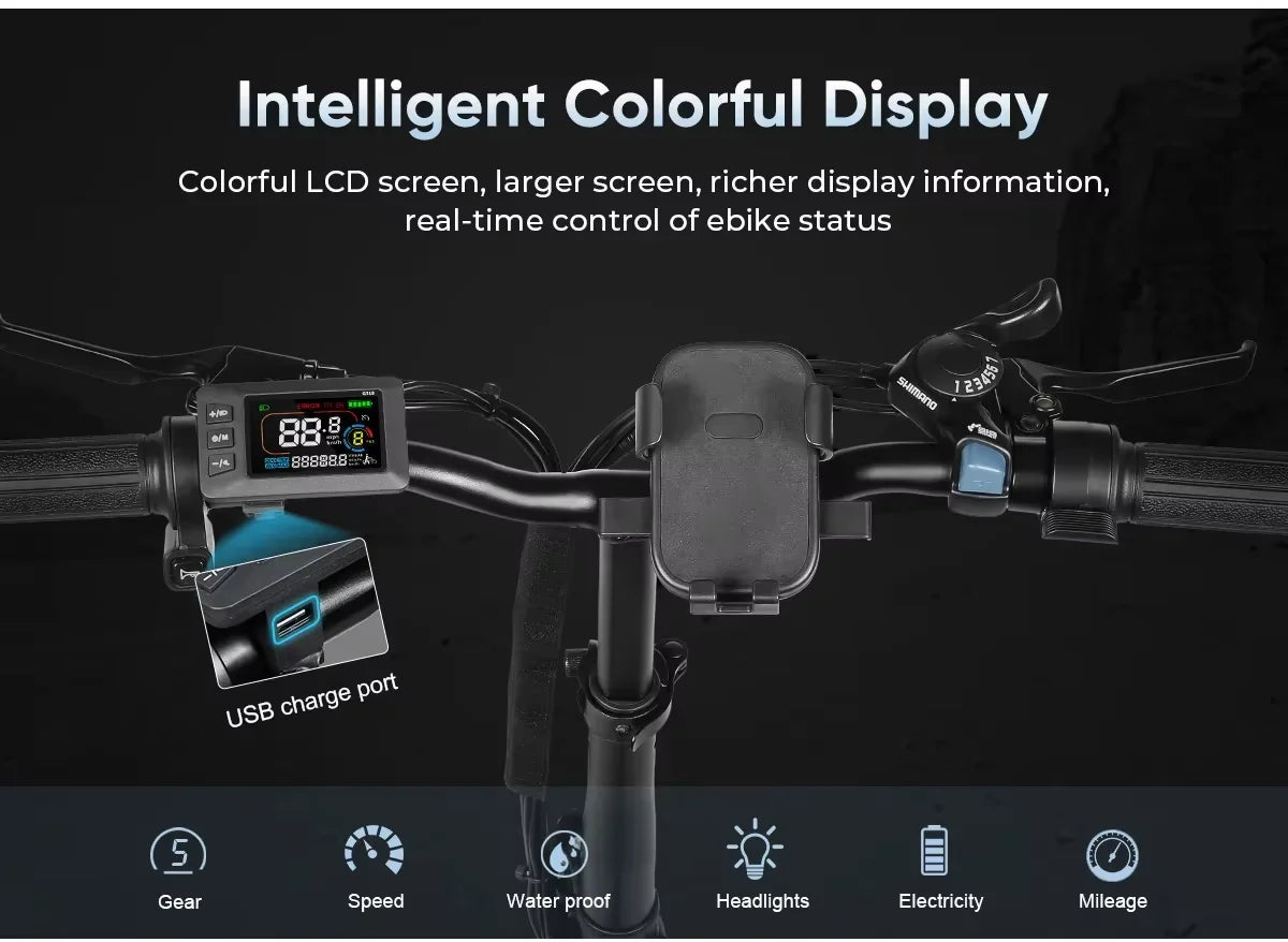 SAMEBIKE CY20 electric bike handlebars featuring a colorful LCD display, phone mount, and 7-speed gear shifter.