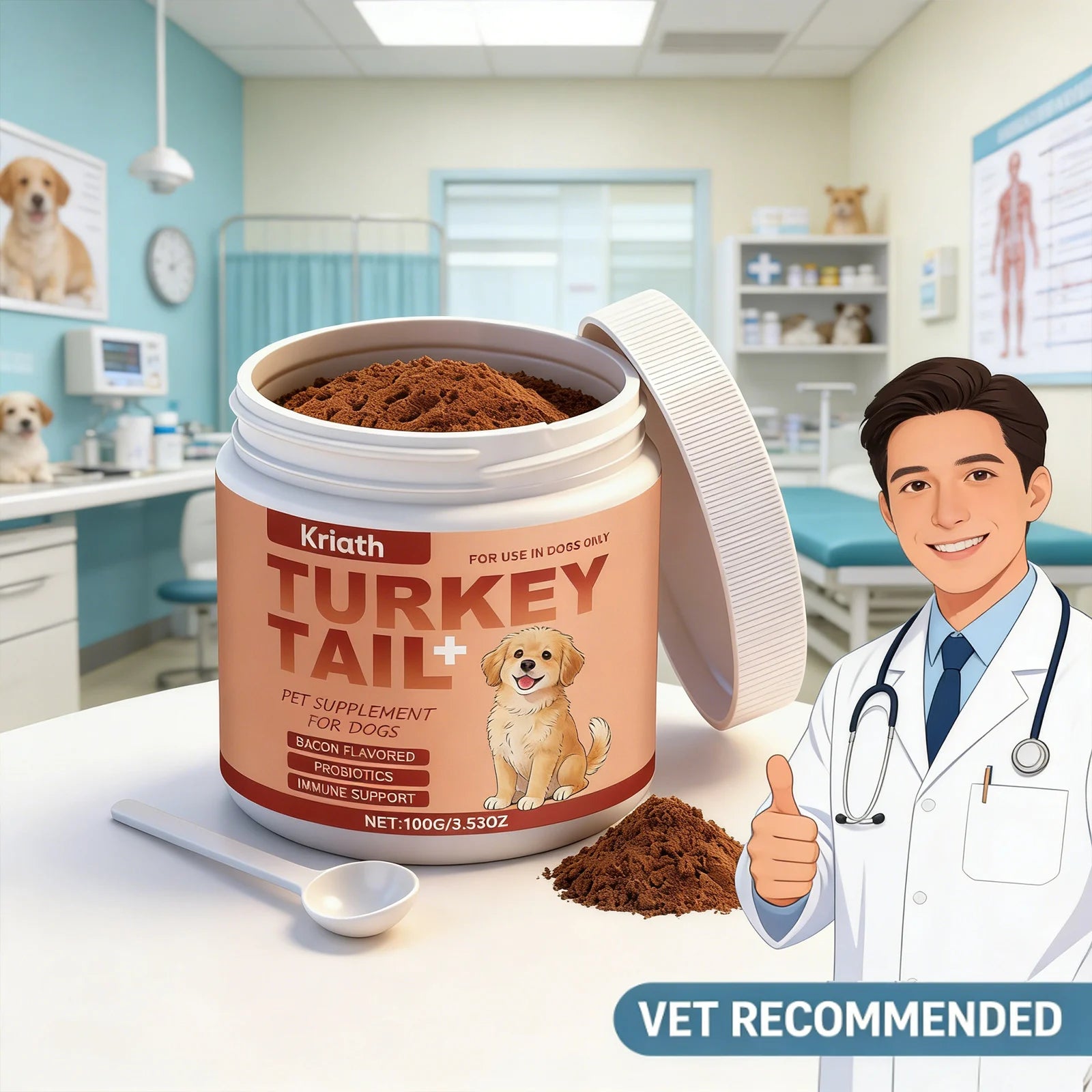 Open tub of bacon-flavoured dog supplement powder, peach-coloured label, includes a scoop in a vet clinic setting.