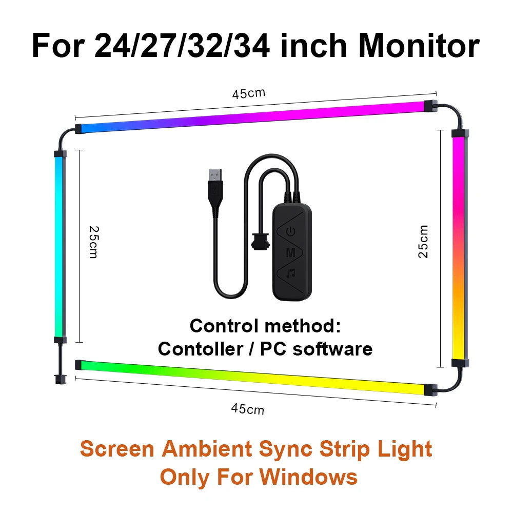 Multicoloured LED backlight strips for 24-34 inch monitors with a USB-powered control unit for screen syncing.