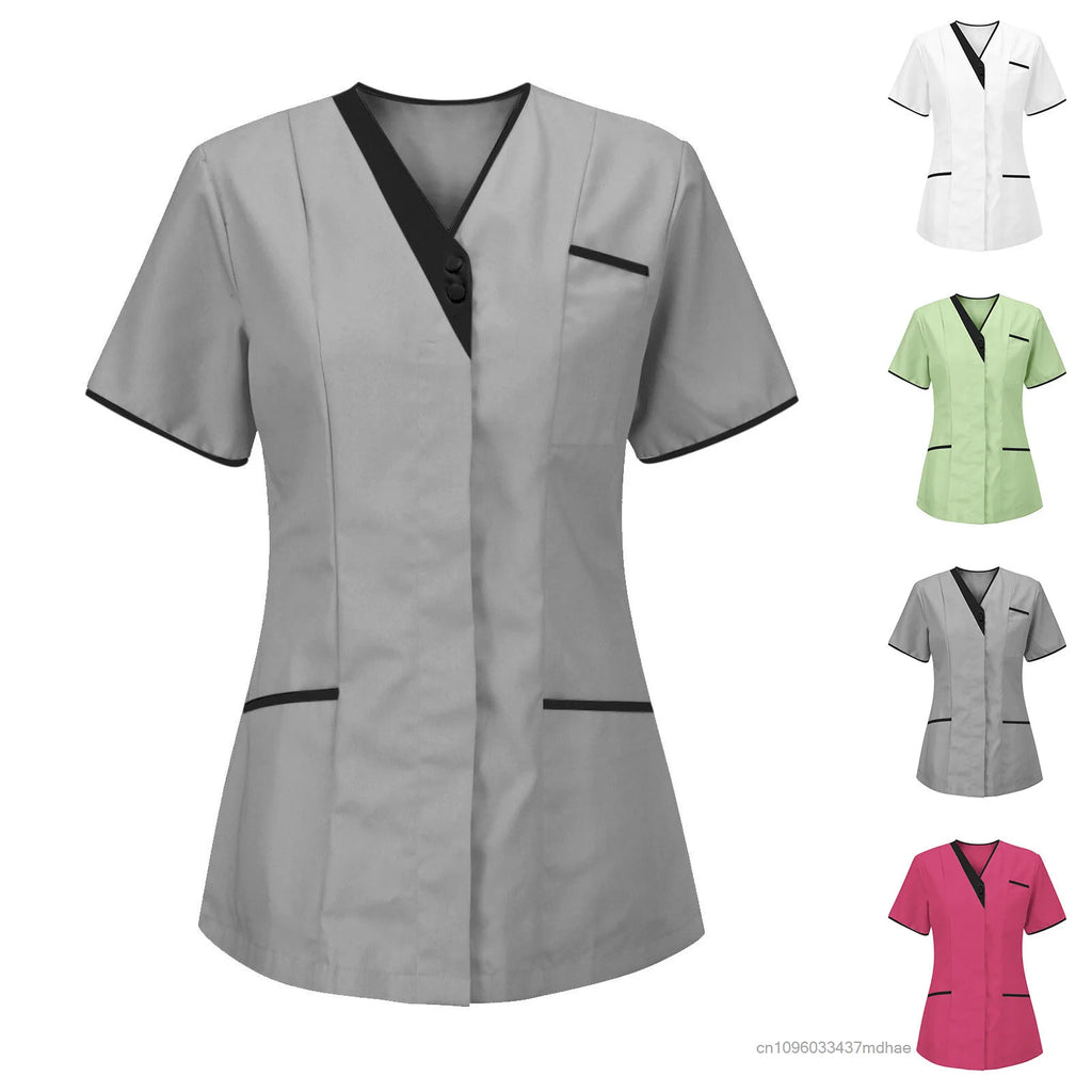 Women’s V-neck work tunic with black trim, short sleeves, and pockets, available in grey, white, green, and pink.