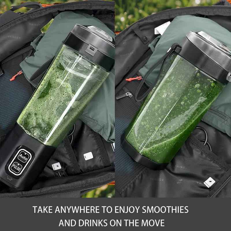 Portable personal blender with a clear bottle, black base, and digital buttons inside a grey travel backpack.