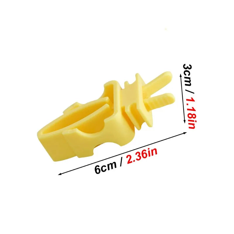 A yellow, U-shaped plastic clip with pronged ends and dimension measurements shown in centimeters and inches.