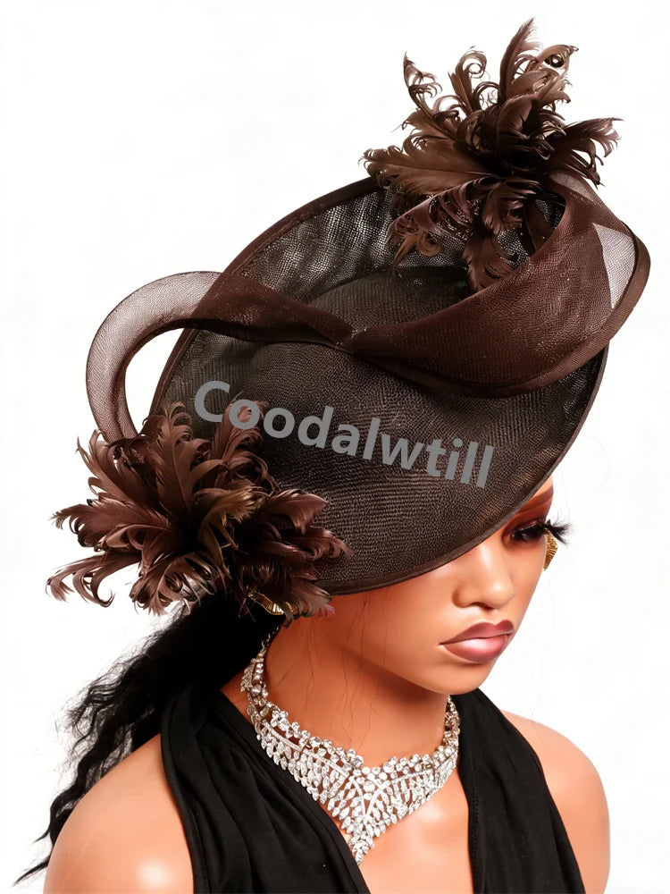 Elegant dark brown fascinator headpiece featuring sculptural mesh layering and decorative feather accents.