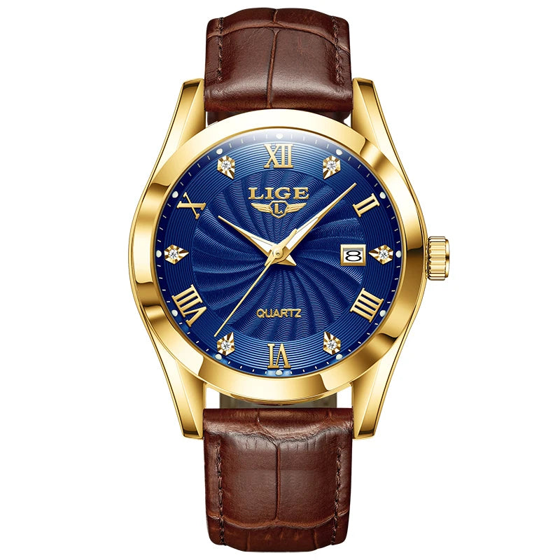 Elegant women's gold quartz watch featuring a textured blue sunburst dial, crystal markers, and a brown leather strap.