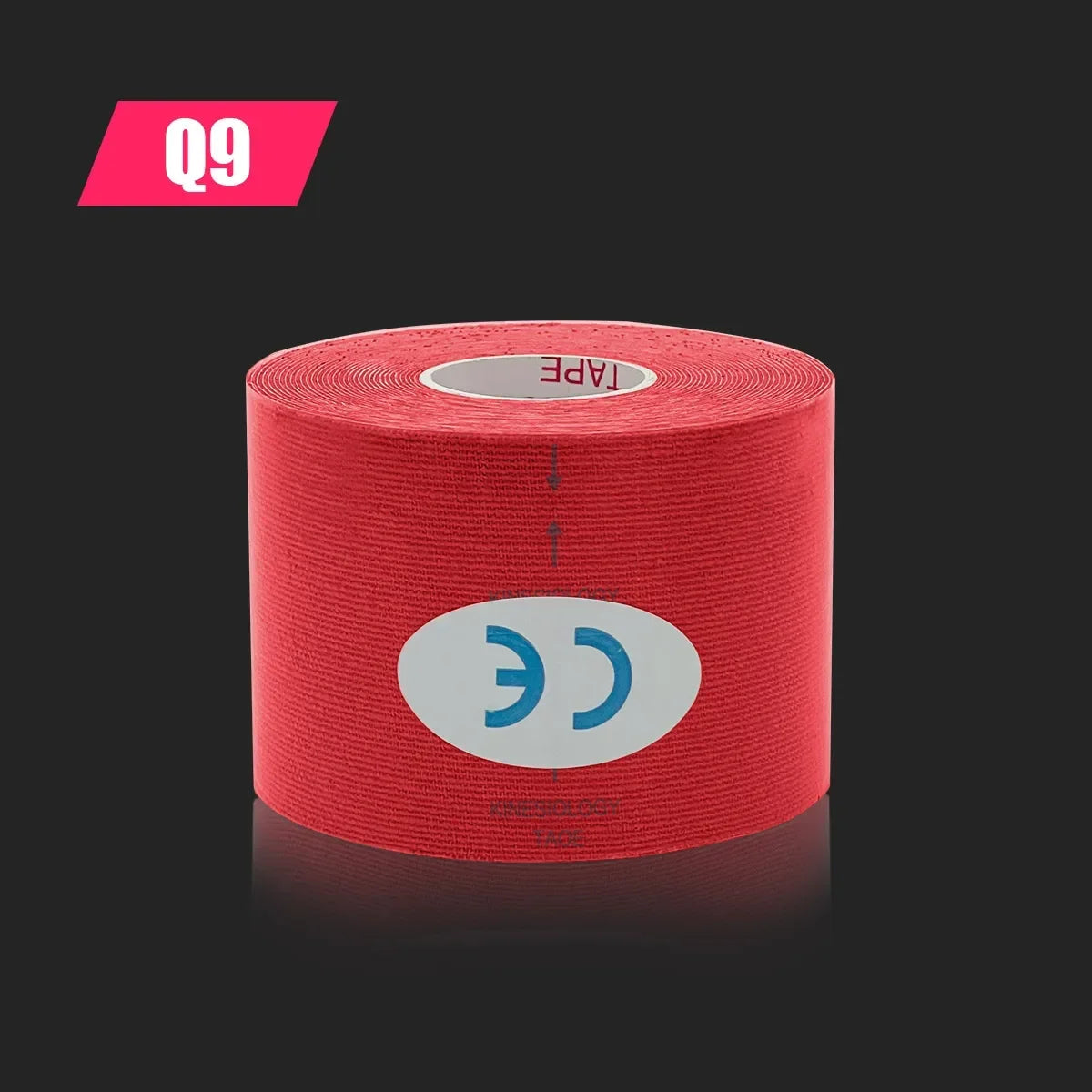 A roll of red kinesiology sports tape with a central white oval CE marking on a black background.