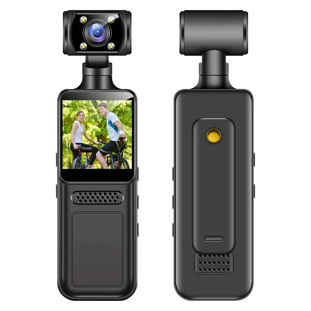 Black plastic portable body camera with a rotating lens, LCD screen, speaker grill, and a yellow button.