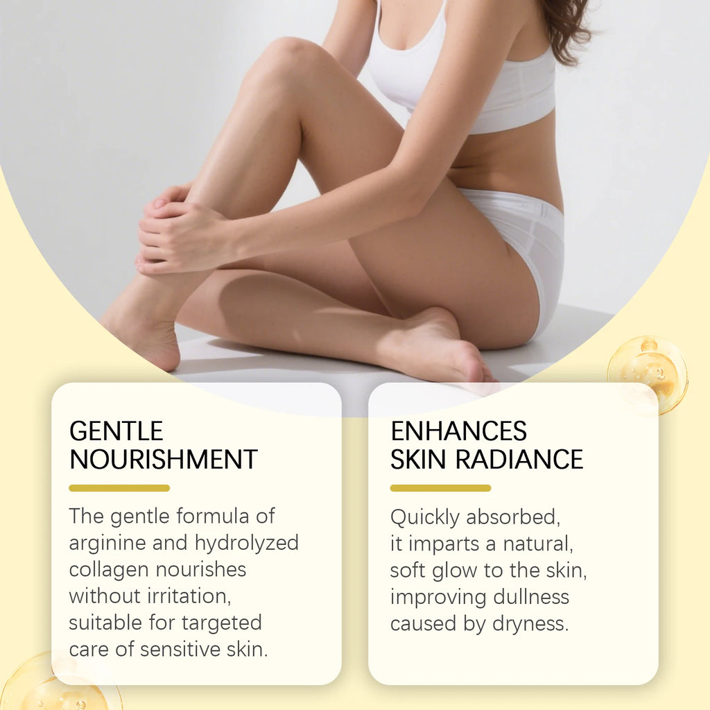 Woman in white lingerie with smooth, radiant skin, showing text about nourishing, collagen-rich skincare benefits.