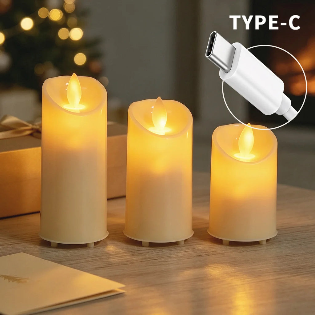 Three ivory pillar wax LED candles with flickering flames, glowing amber light, and an inset USB-C charging plug.