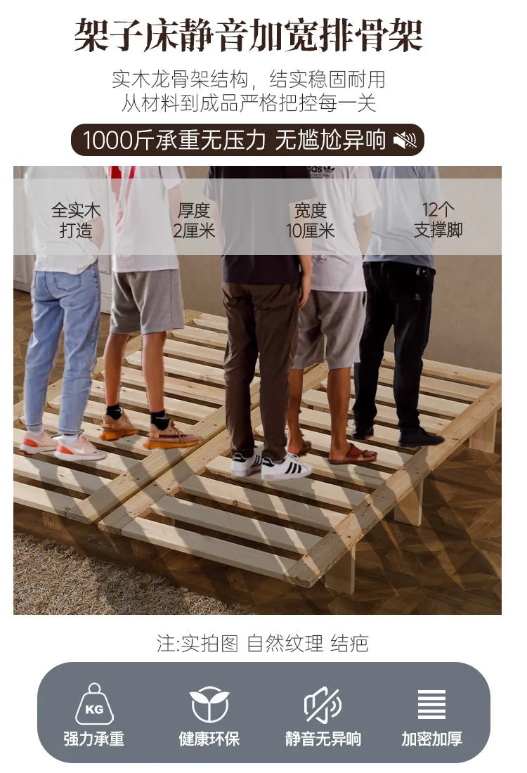 A sturdy, natural wood slatted bed frame base, shown supporting the weight of multiple people to demonstrate durability.