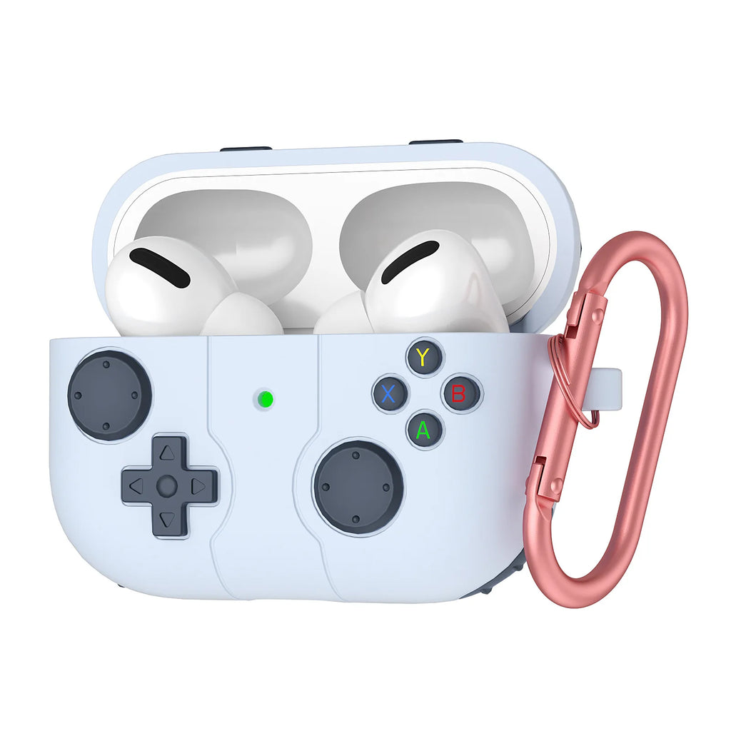 Light blue game controller silicone case for AirPods Pro, featuring a rose gold carabiner.