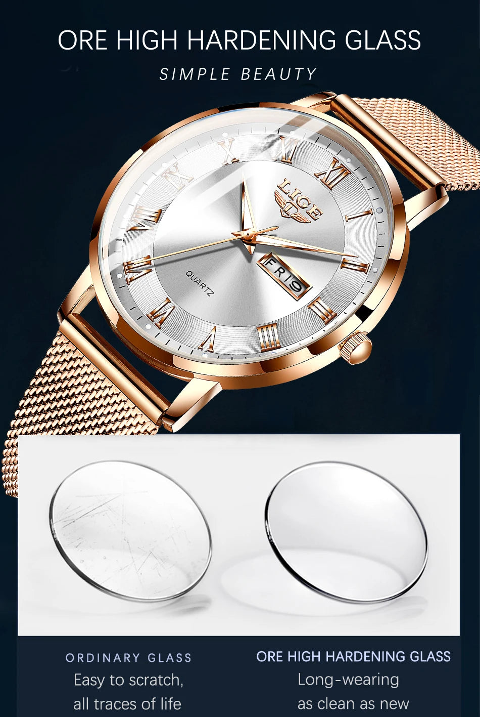 Elegant rose gold stainless steel women's bracelet watch with a silver sunray dial, Roman numerals, and date display.