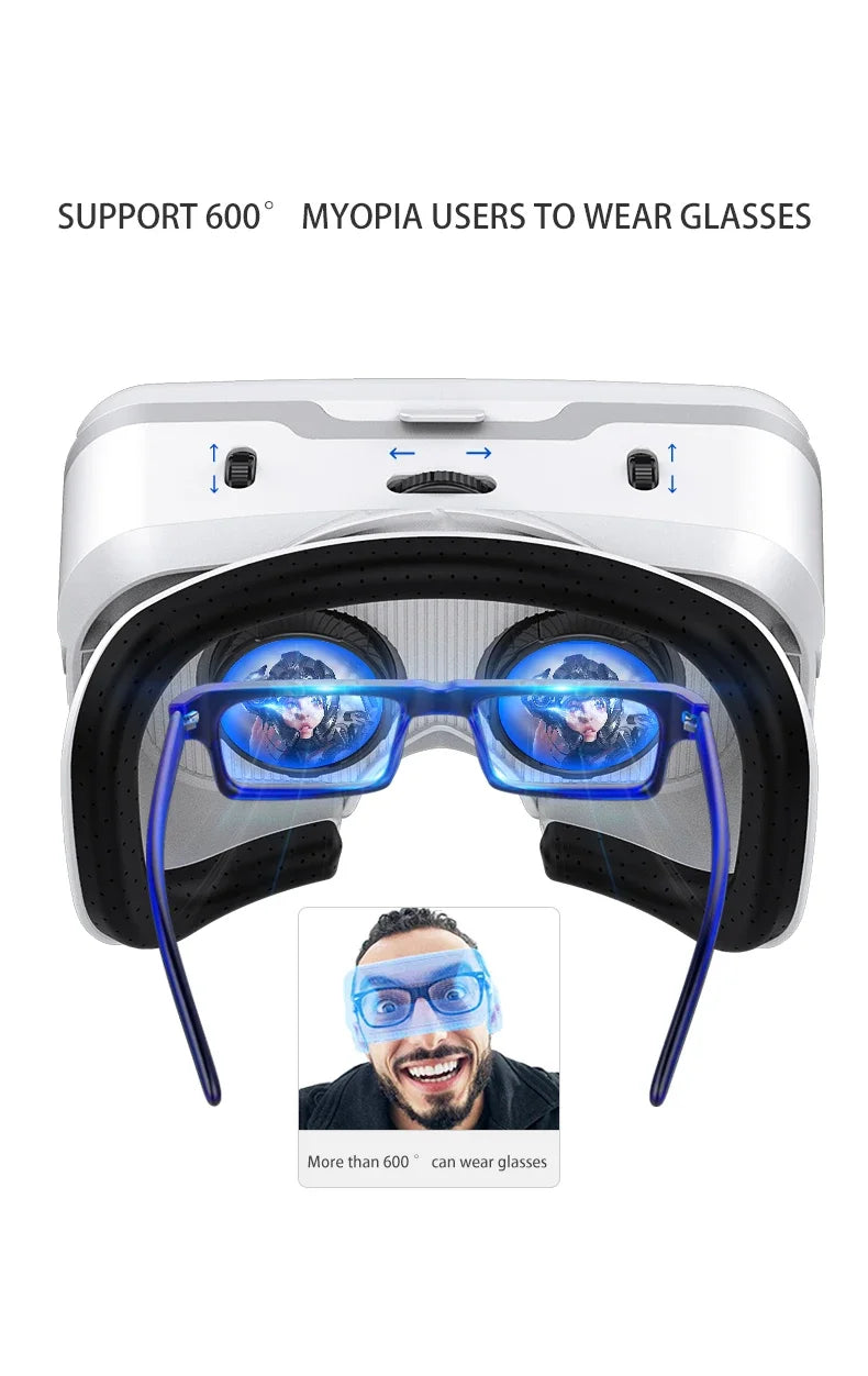 White VR headset designed to accommodate users wearing glasses, featuring a black face cushion and adjustable settings.