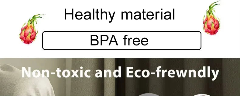 Text reads "Healthy material, BPA free" and "Non-toxic and Eco-friendly" with watercolor dragon fruit illustrations.