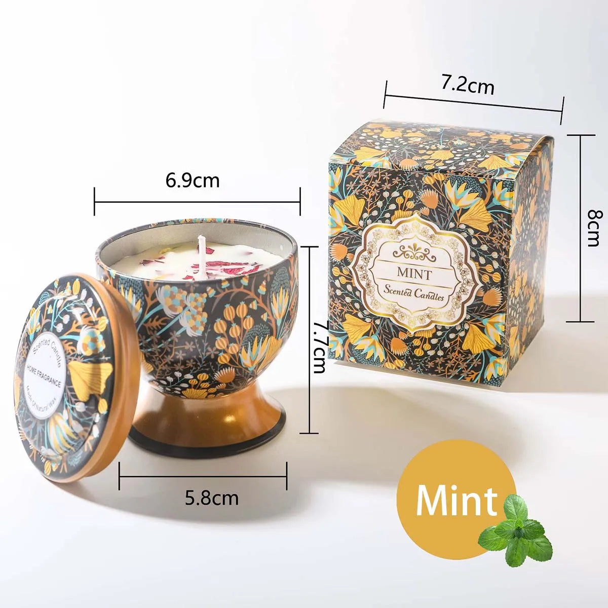 Mint-scented candle in a decorative floral tin with lid and matching box, featuring floral patterns and gold accents.