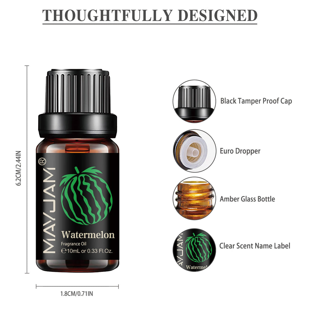 10ml watermelon fragrance oil in an amber glass bottle with a black tamper-proof cap and integrated euro dropper.