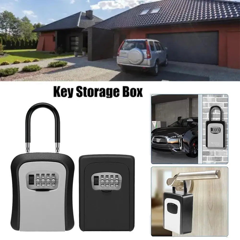 Black and silver metal key storage box with a four-digit combination lock and a removable shackle.