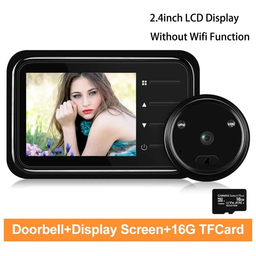Black digital door peephole camera with 2.4-inch LCD screen, round exterior lens, and 16GB memory card.