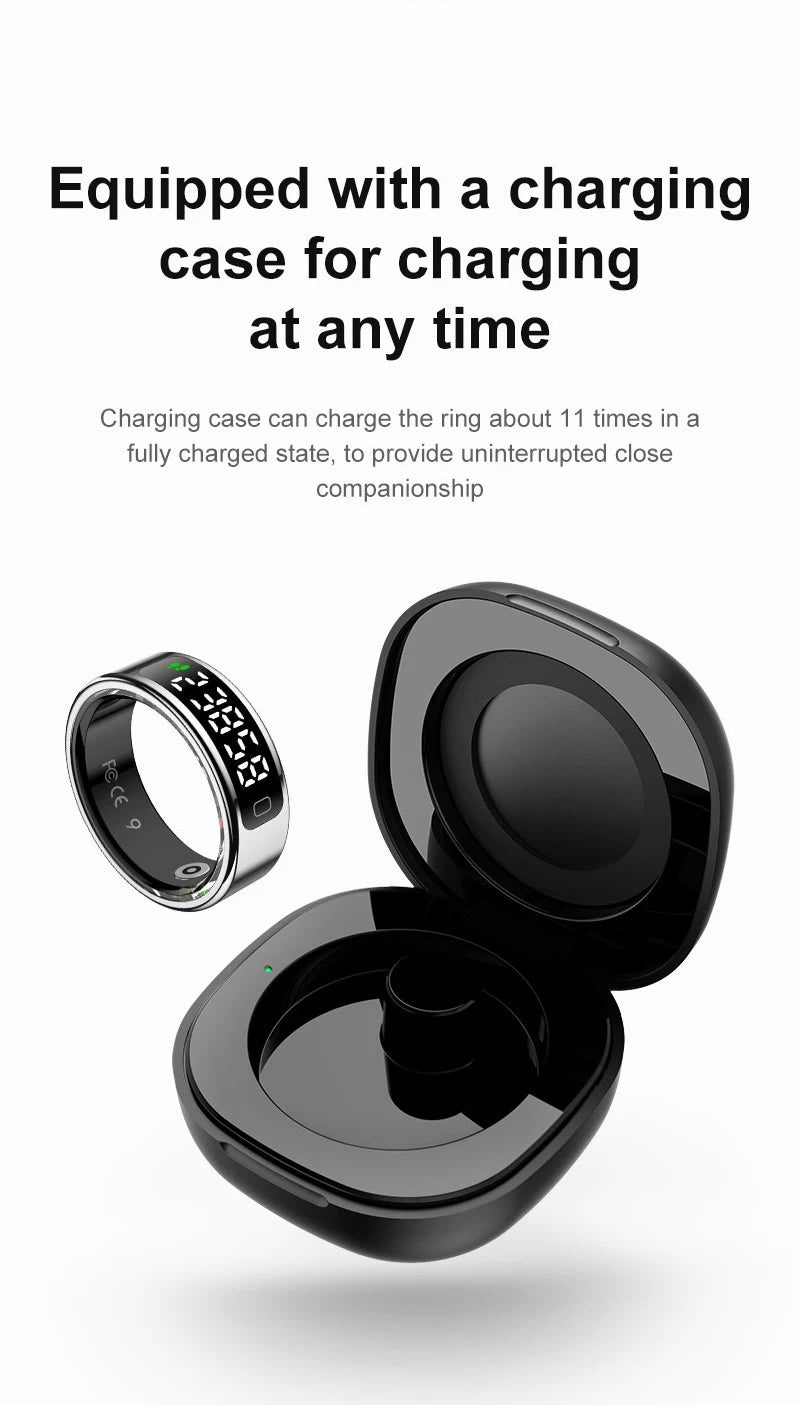 Sleek black smart health ring with digital LED display, shown alongside its compact black charging case.