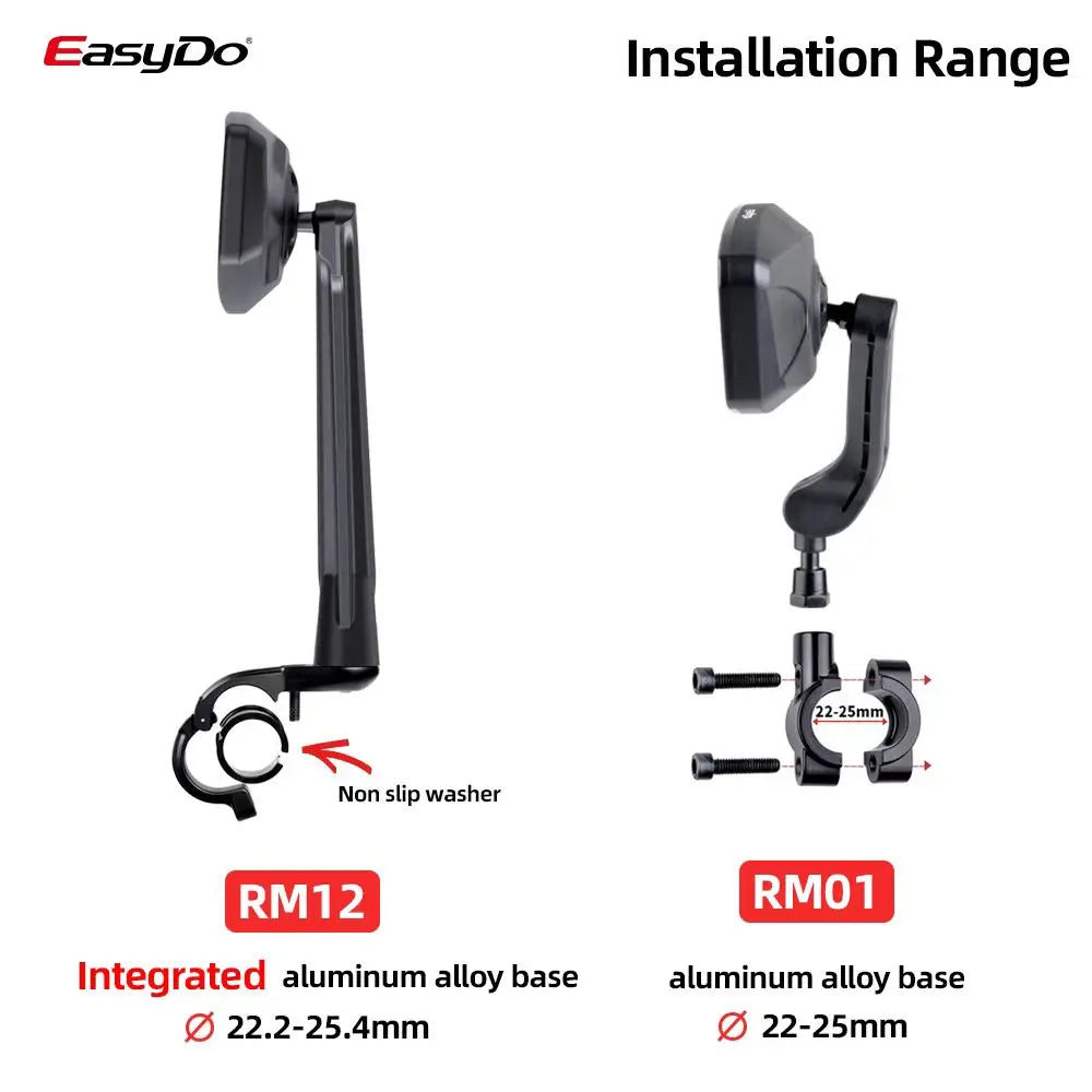 Two black EasyDo bicycle rearview mirrors with adjustable stems and handlebar mounting brackets for 22-25mm sizes.